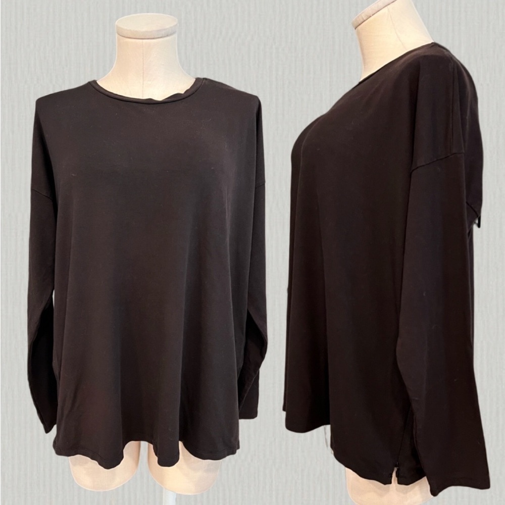 EILEEN FISHER brown jersey generous fit crew long sleeve top